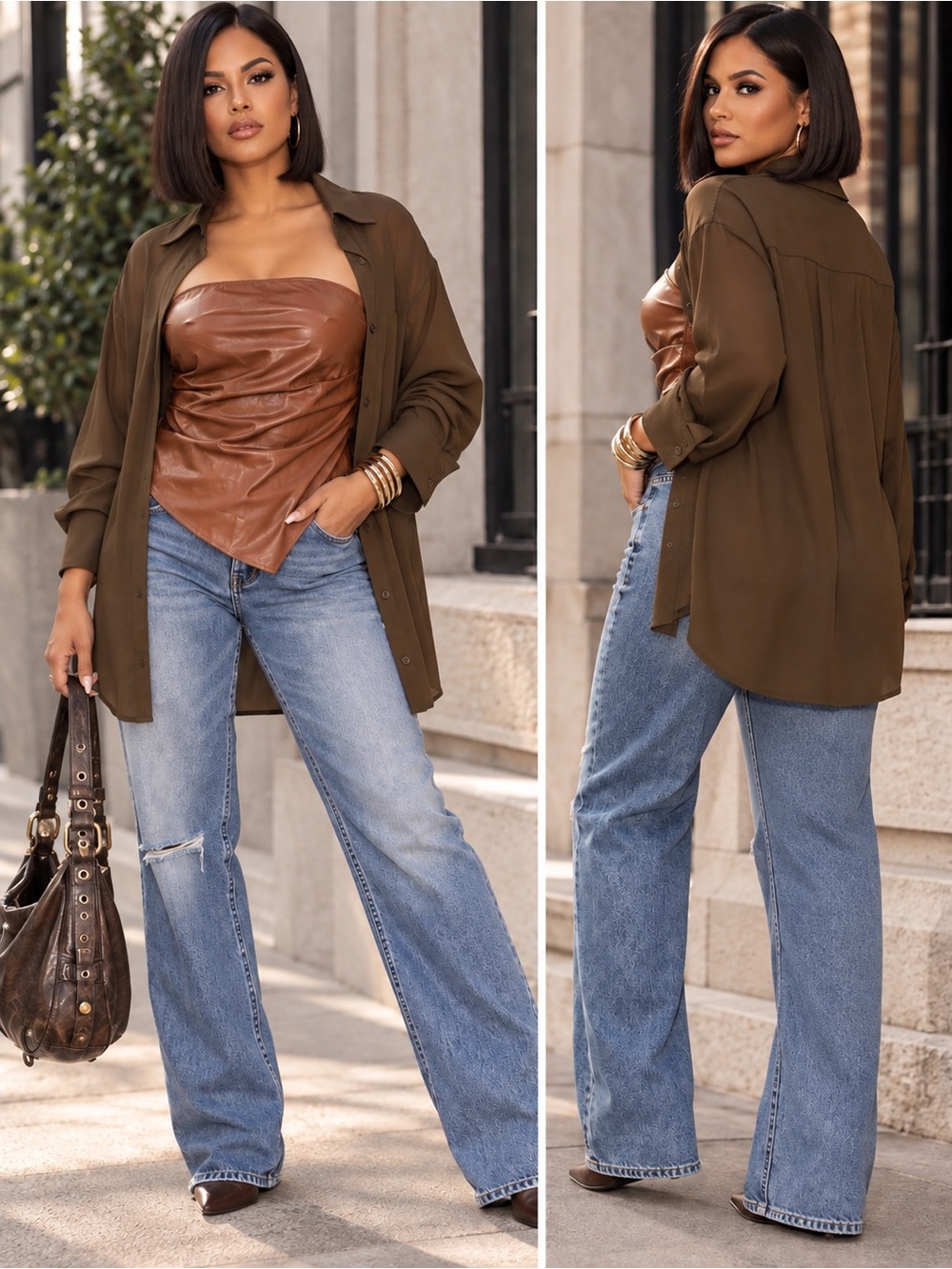 2pc set Brown Vegan Leather Strapless Top with Sheer Brown Button-Up Shirt
